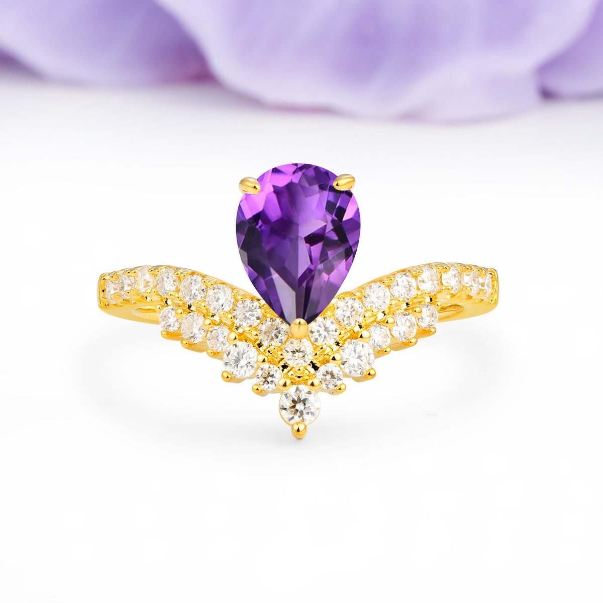Classic and Unique 3-Prong Crown Setting with Pear Cut Amethyst Engagement Ring - Additional view