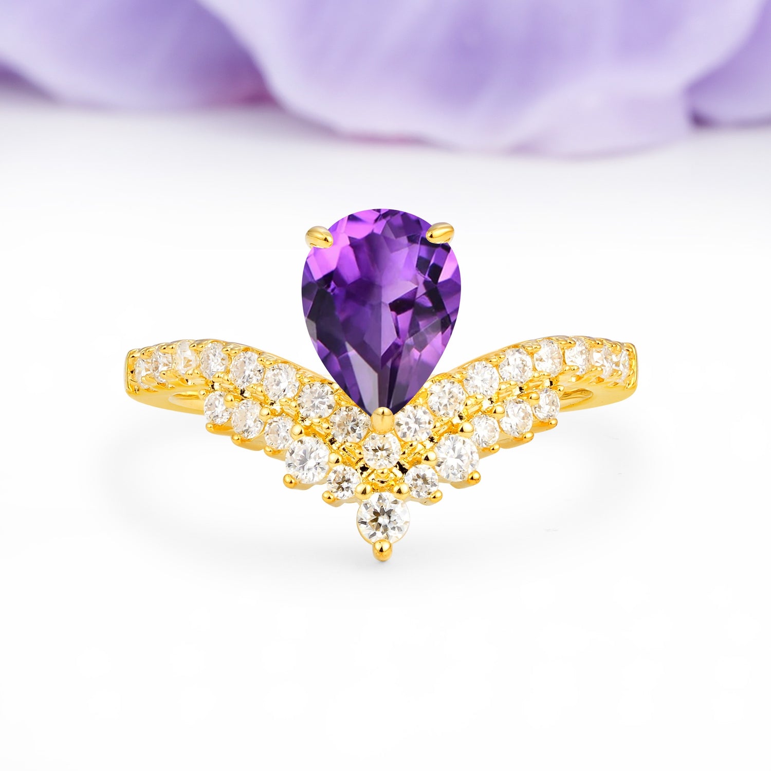 Classic and Unique 3-Prong Crown Setting with Pear Cut Amethyst Engagement Ring - Additional view