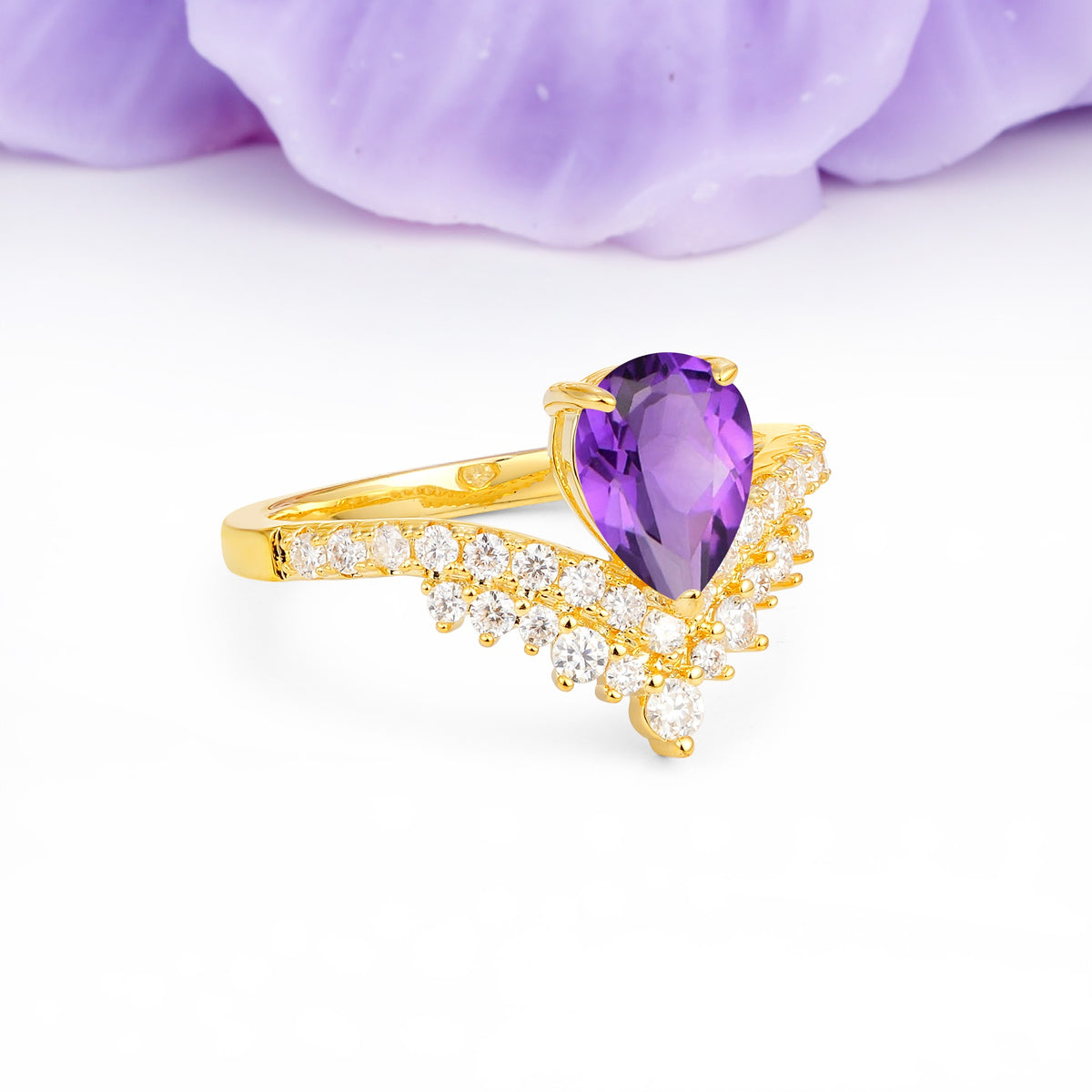 Classic and Unique 3-Prong Crown Setting with Pear Cut Amethyst Engagement Ring - Additional view