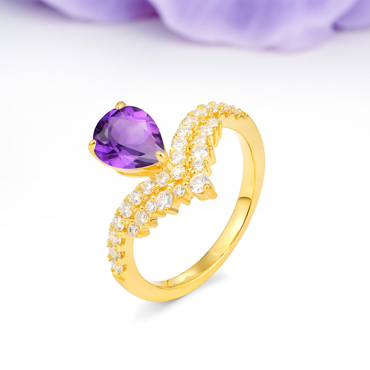 Classic and Unique 3-Prong Crown Setting with Pear Cut Amethyst Engagement Ring - Additional view