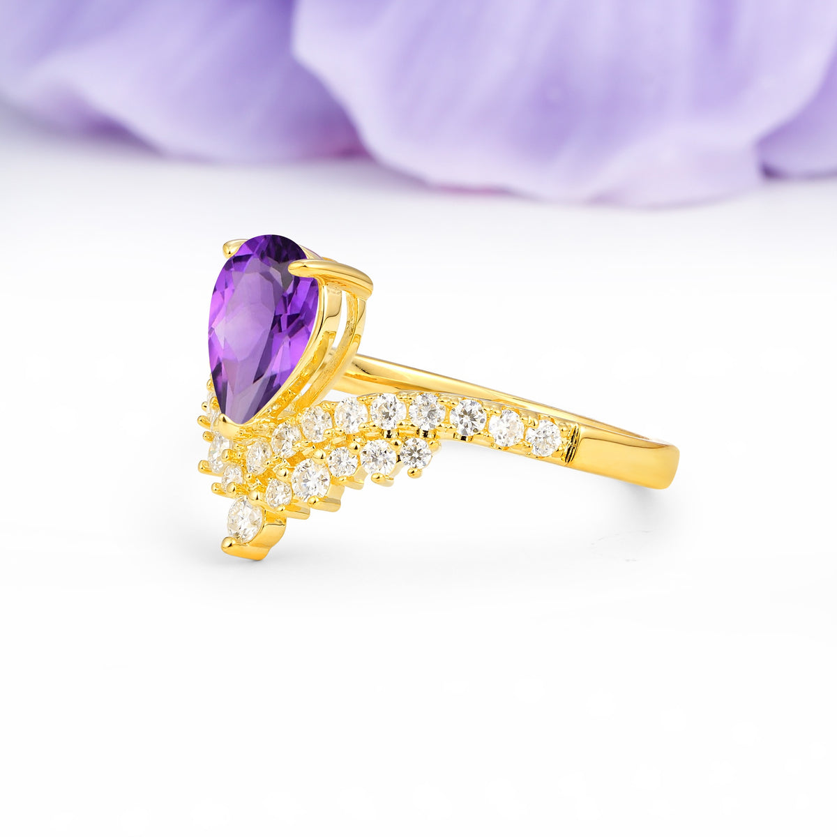 Classic and Unique 3-Prong Crown Setting with Pear Cut Amethyst Engagement Ring - Additional view