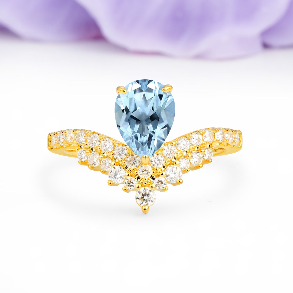 Classic and Unique 3-Prong Crown Setting with Pear Cut Aquamarine Engagement Ring - Additional view