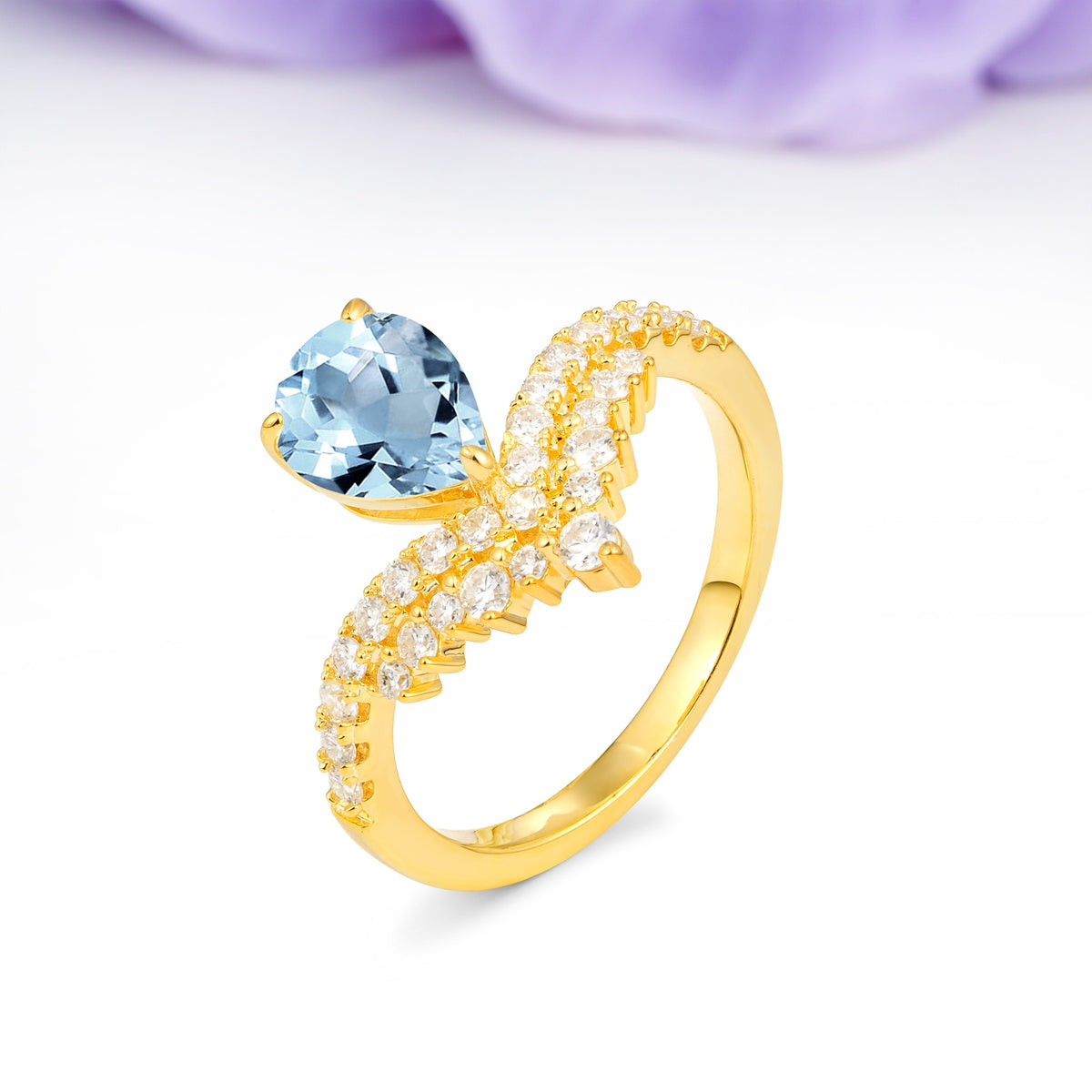 Classic and Unique 3-Prong Crown Setting with Pear Cut Aquamarine Engagement Ring - Additional view