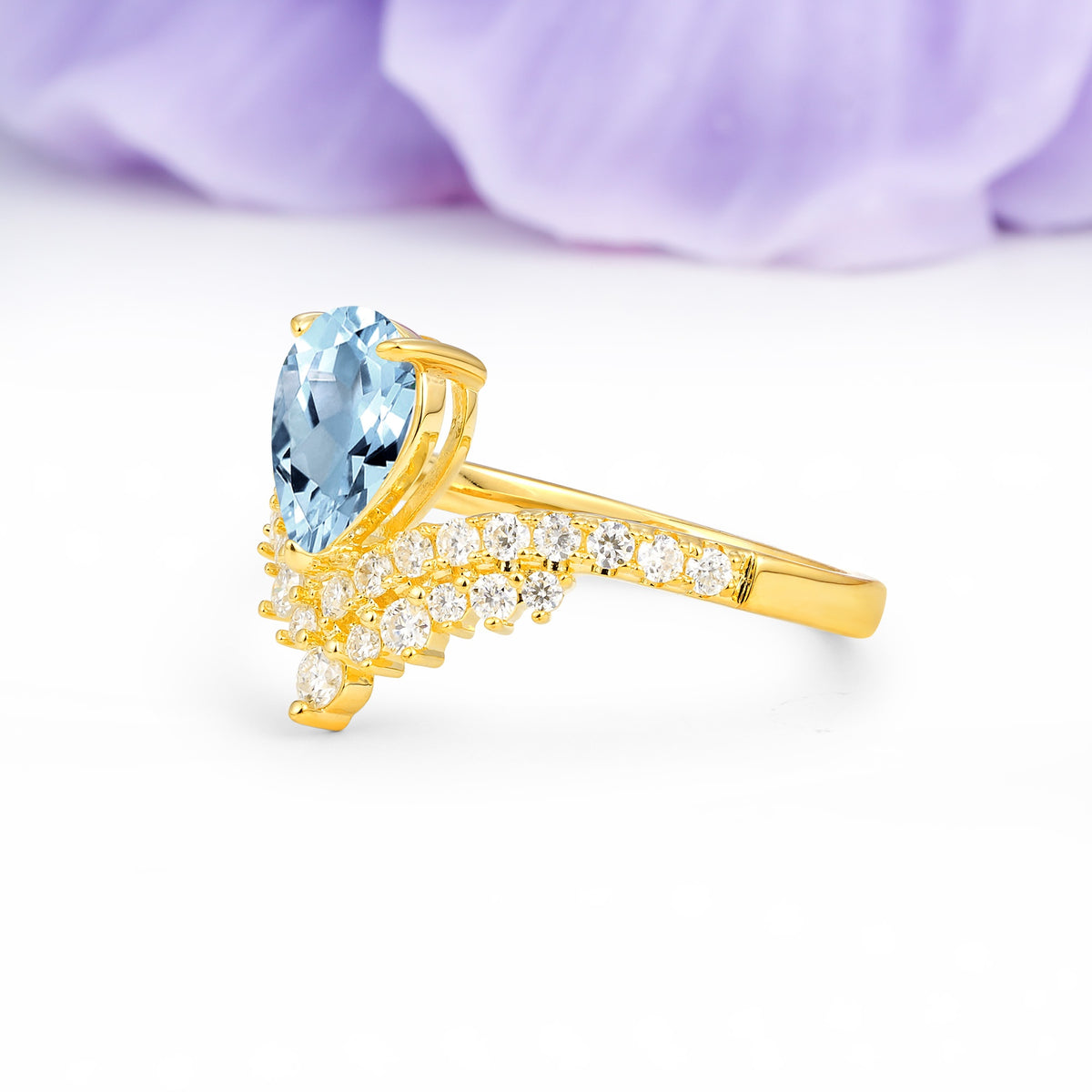 Classic and Unique 3-Prong Crown Setting with Pear Cut Aquamarine Engagement Ring - Additional view