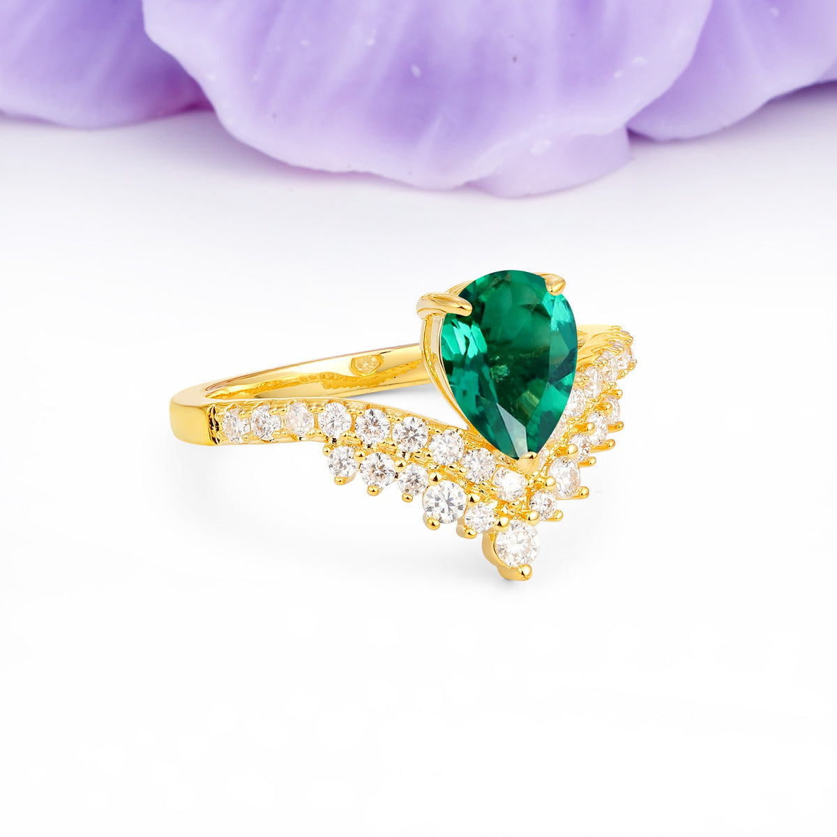 Classic and Unique 3-Prong Crown Setting with Pear Cut Emerald Engagement Ring - Additional view
