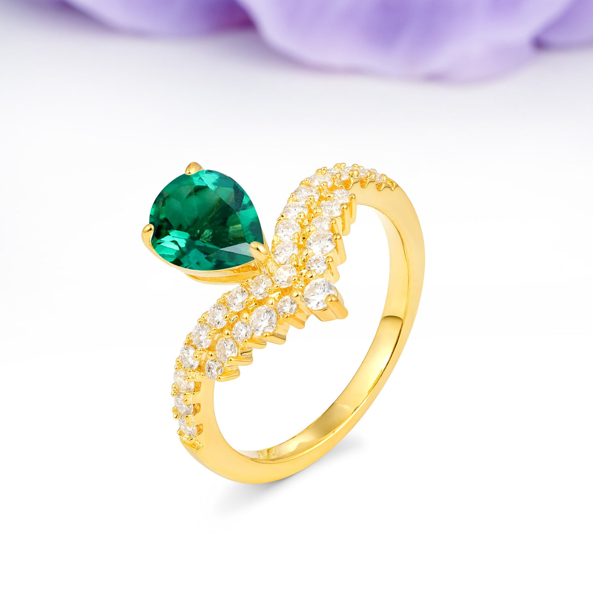 Classic and Unique 3-Prong Crown Setting with Pear Cut Emerald Engagement Ring - Additional view