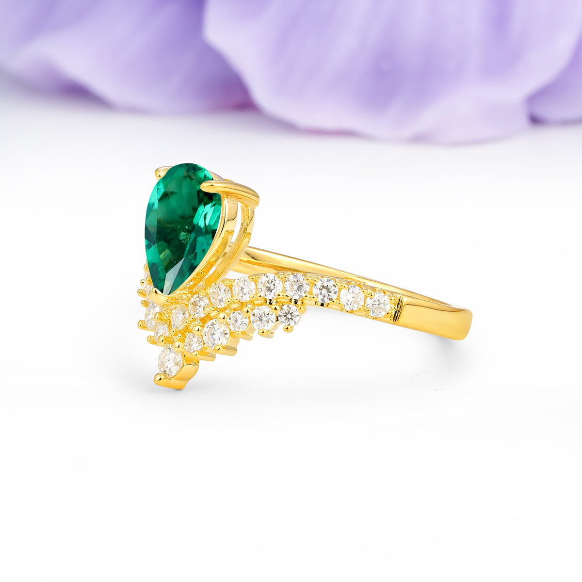 Classic and Unique 3-Prong Crown Setting with Pear Cut Emerald Engagement Ring - Additional view
