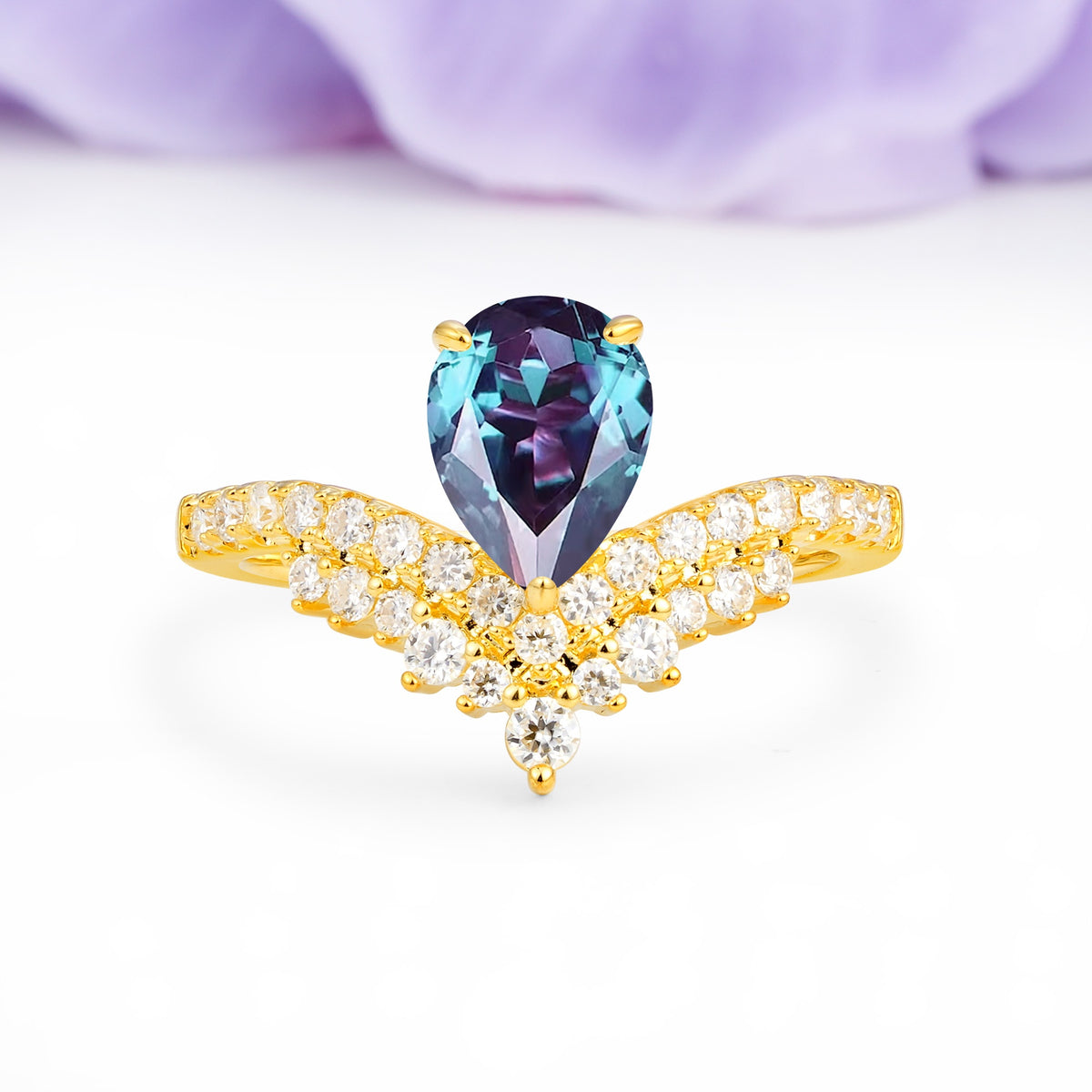 Classic and Unique 3-Prong Crown Setting with Pear Cut Alexandrite Engagement Ring - Additional view