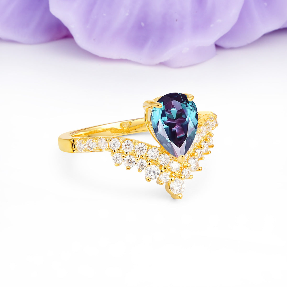 Classic and Unique 3-Prong Crown Setting with Pear Cut Alexandrite Engagement Ring - Additional view