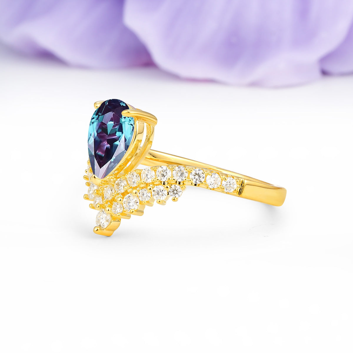 Classic and Unique 3-Prong Crown Setting with Pear Cut Alexandrite Engagement Ring - Additional view