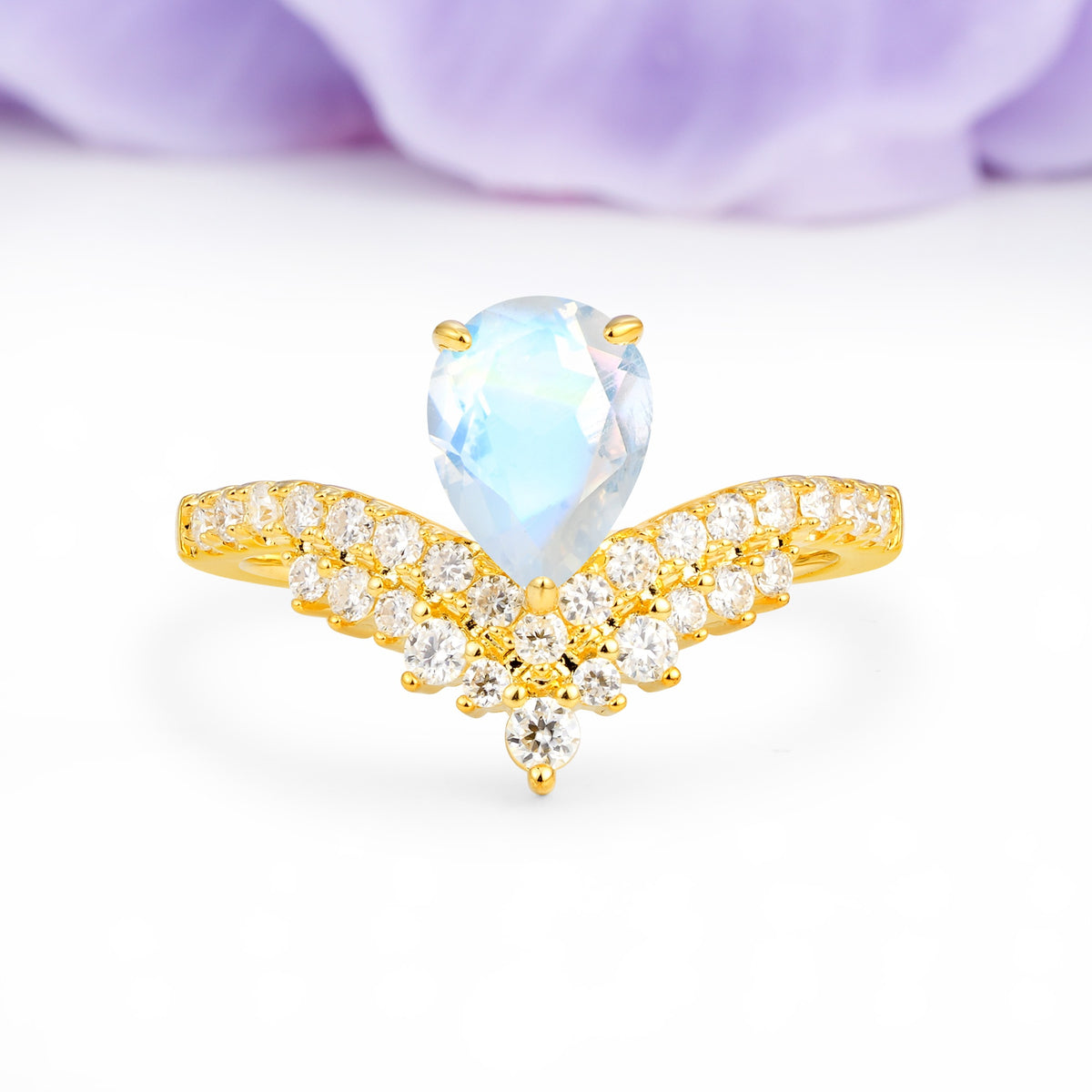 Classic and Unique 3-Prong Crown Setting with Pear Cut Moonstone Engagement Ring - Additional view
