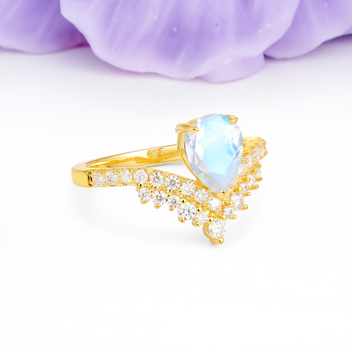 Classic and Unique 3-Prong Crown Setting with Pear Cut Moonstone Engagement Ring - Additional view
