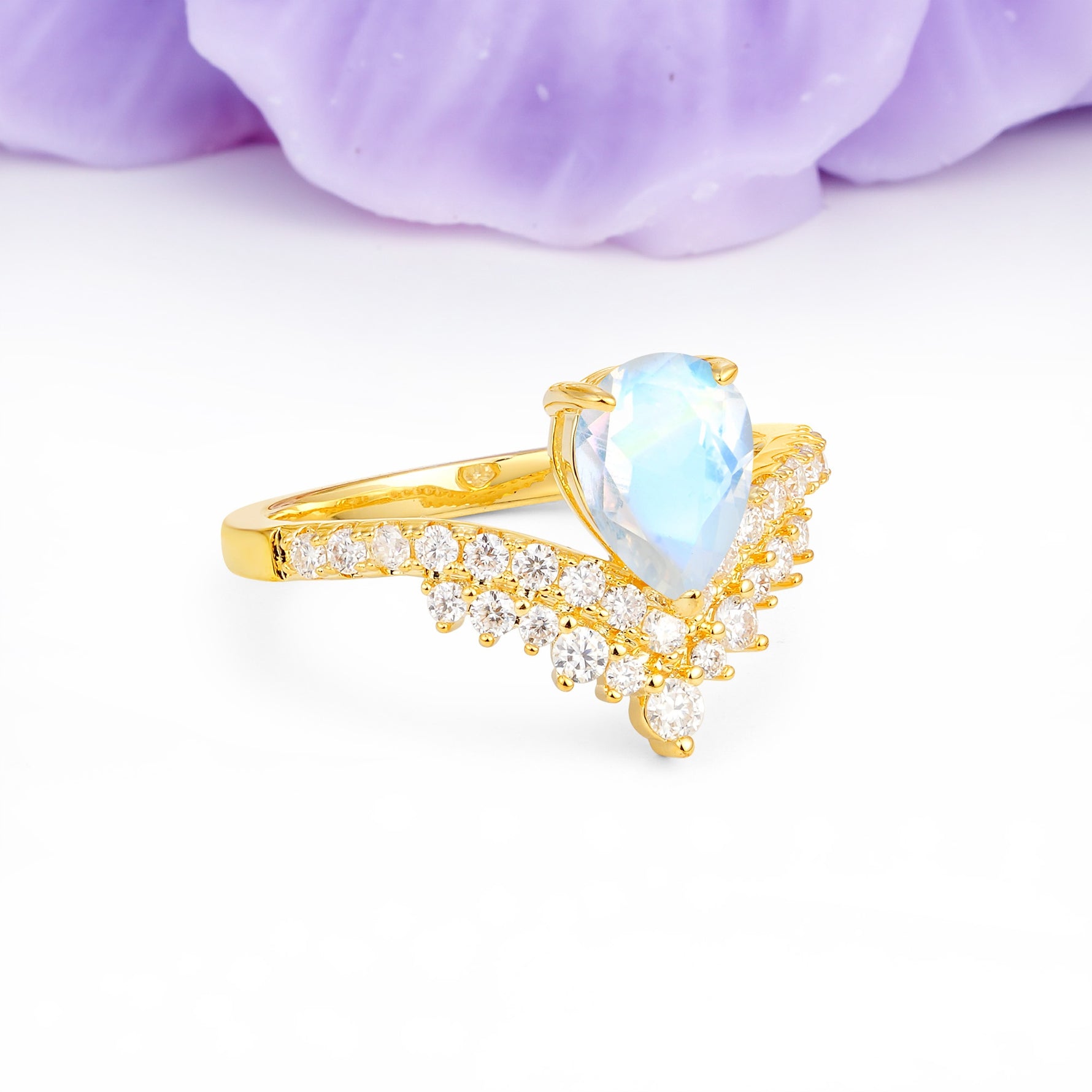 Classic and Unique 3-Prong Crown Setting with Pear Cut Moonstone Engagement Ring - Additional view