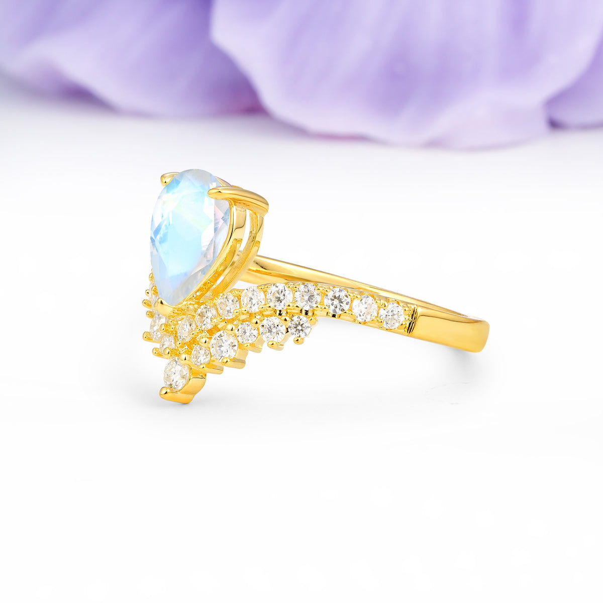 Classic and Unique 3-Prong Crown Setting with Pear Cut Moonstone Engagement Ring - Additional view