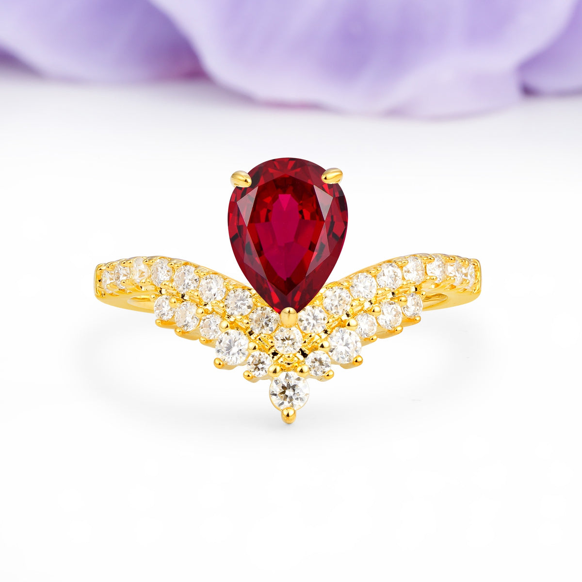 Classic and Unique 3-Prong Crown Setting with Pear Cut Ruby Engagement Ring - Additional view