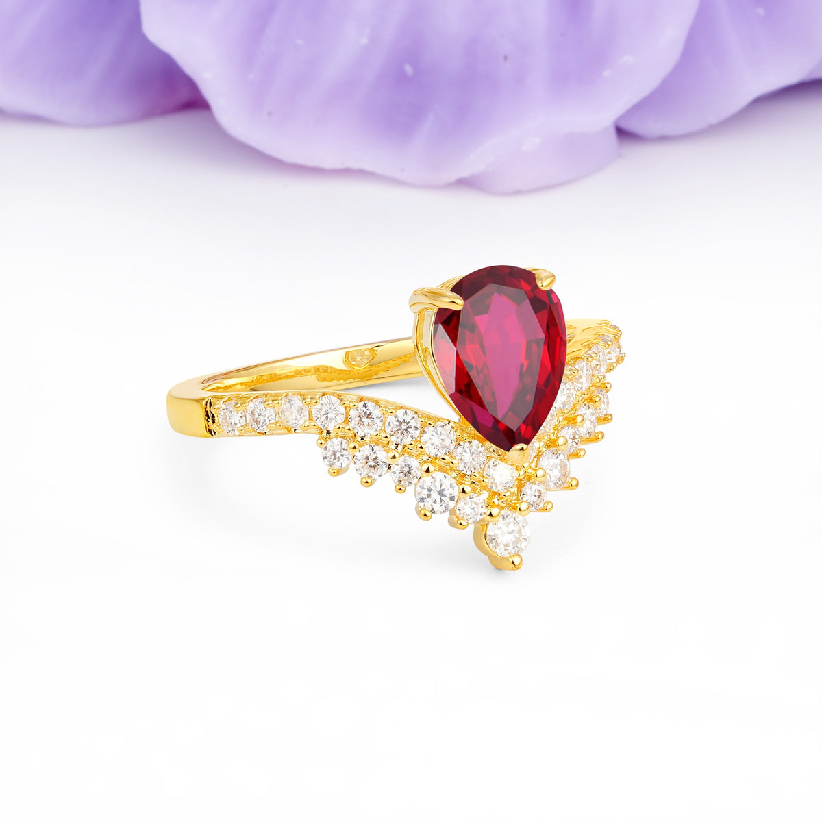 Classic and Unique 3-Prong Crown Setting with Pear Cut Ruby Engagement Ring - Additional view