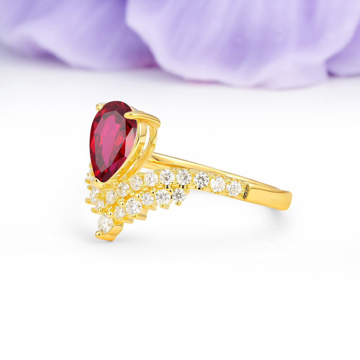 Classic and Unique 3-Prong Crown Setting with Pear Cut Ruby Engagement Ring - Additional view