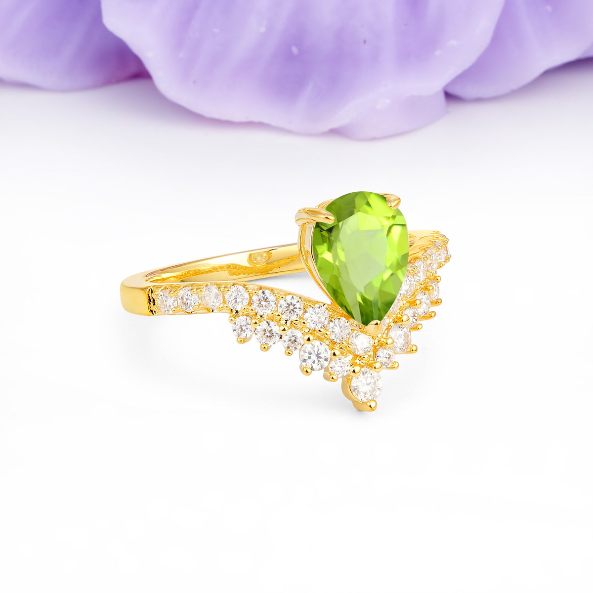 Classic and Unique 3-Prong Crown Setting with Pear Cut Peridot Engagement Ring - Additional view