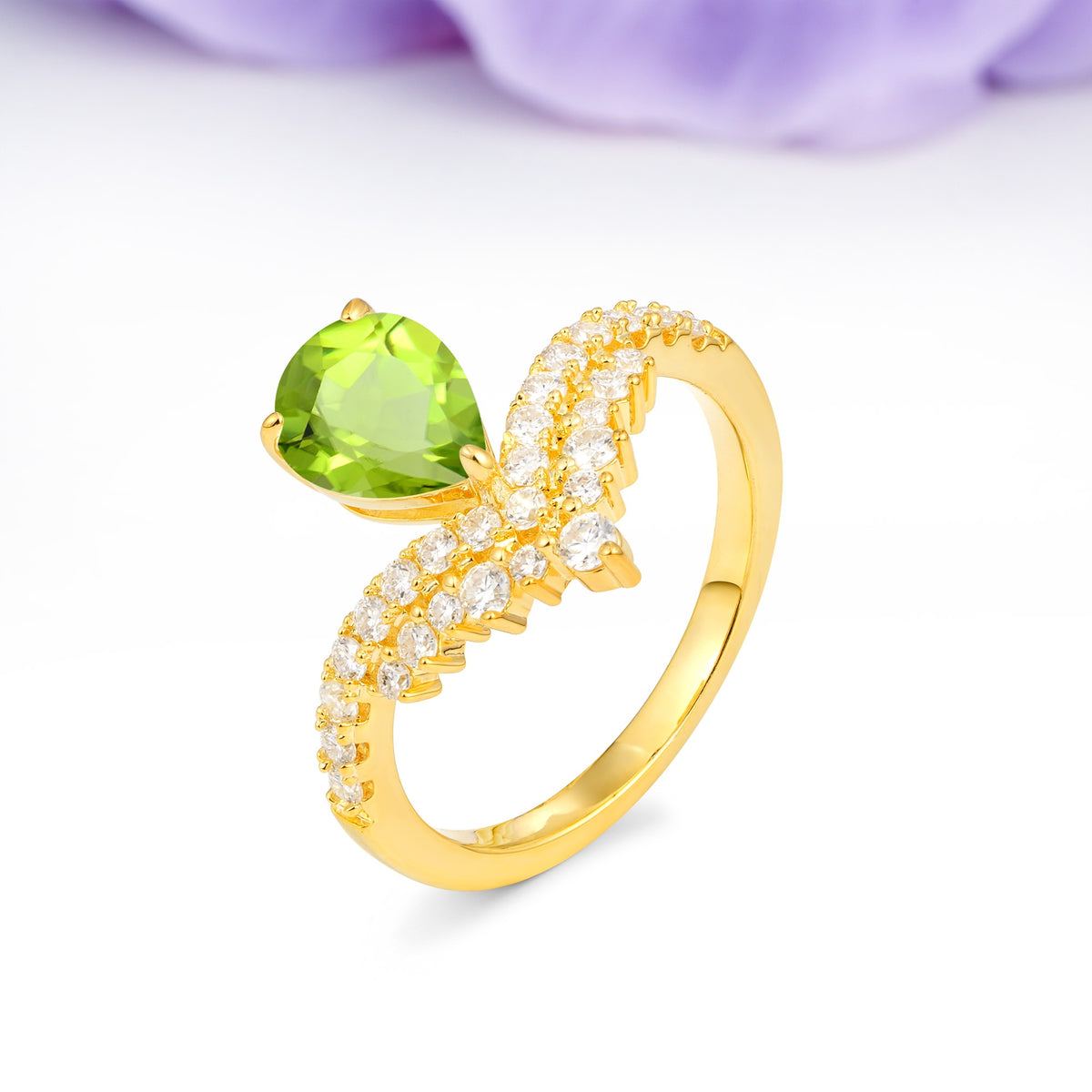 Classic and Unique 3-Prong Crown Setting with Pear Cut Peridot Engagement Ring - Additional view