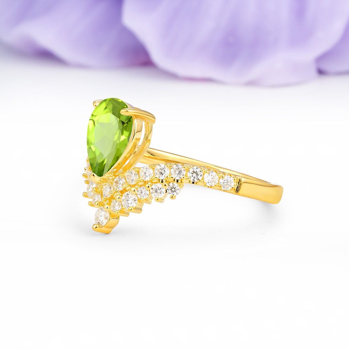 Classic and Unique 3-Prong Crown Setting with Pear Cut Peridot Engagement Ring - Additional view