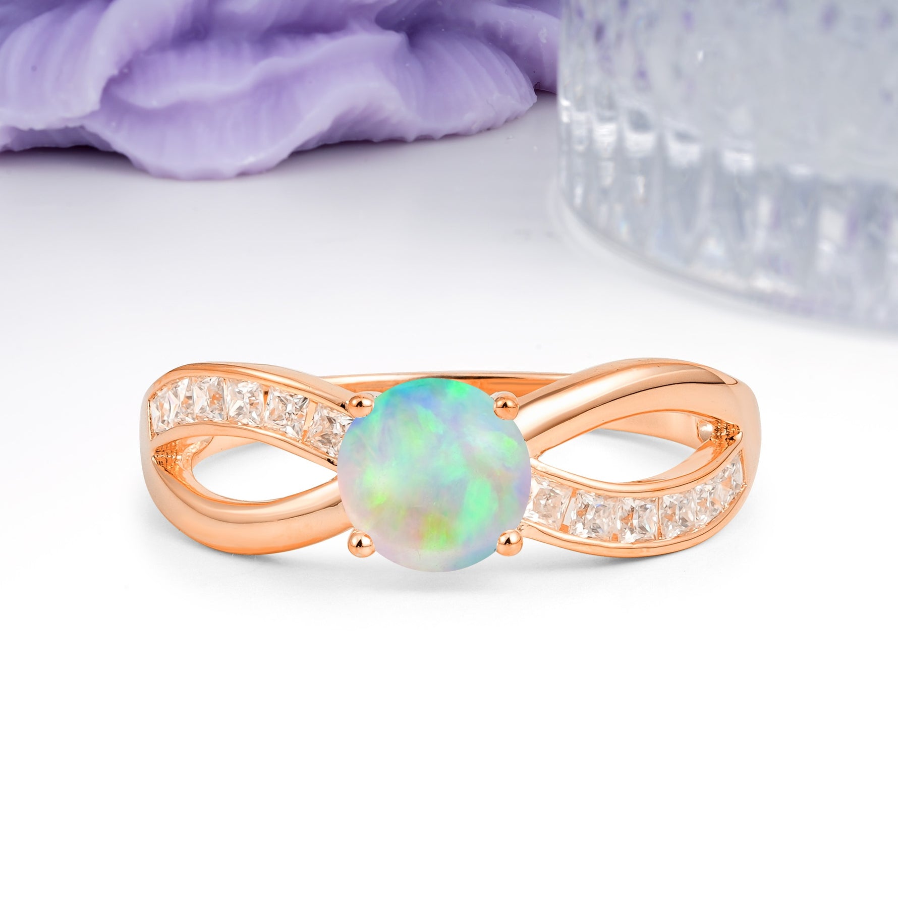 Elegant Continuous Princess Side Gem Infinity Loop Round Cut Fire Opal Engagement Ring - Additional view