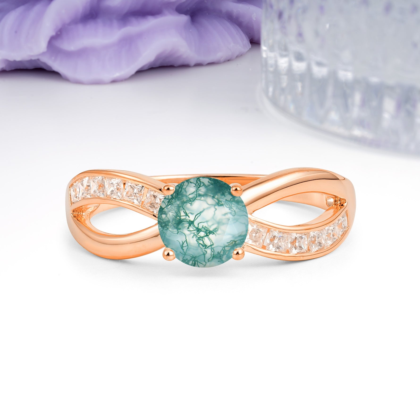 Elegant Continuous Princess Side Gem Infinity Loop Round Cut Moss Agate Engagement Ring - Additional view