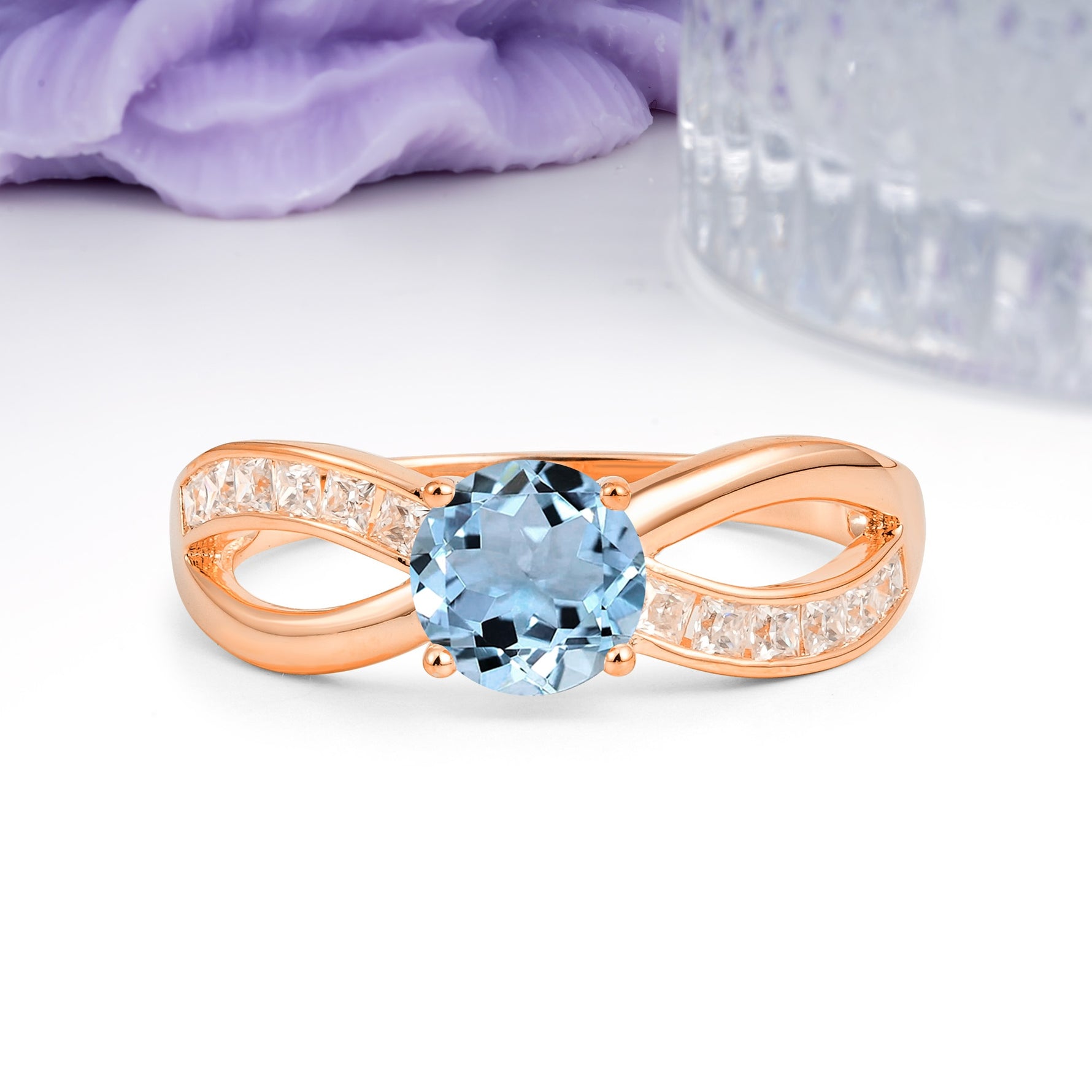 Elegant Continuous Princess Side Gem Infinity Loop Round Cut Aquamarine Engagement Ring - Additional view