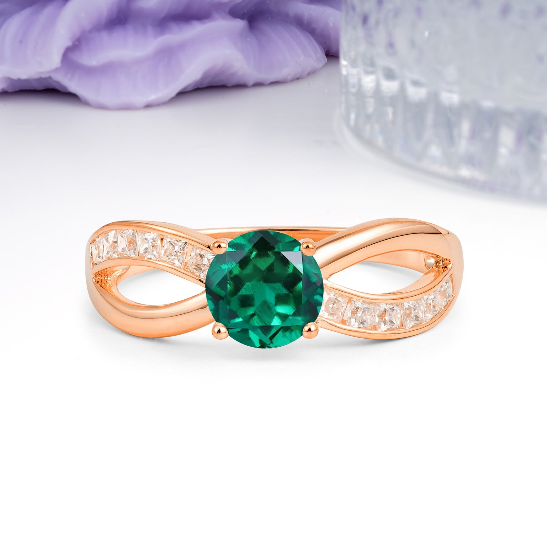 Elegant Continuous Princess Side Gem Infinity Loop Round Cut Emerald Engagement Ring - Additional view