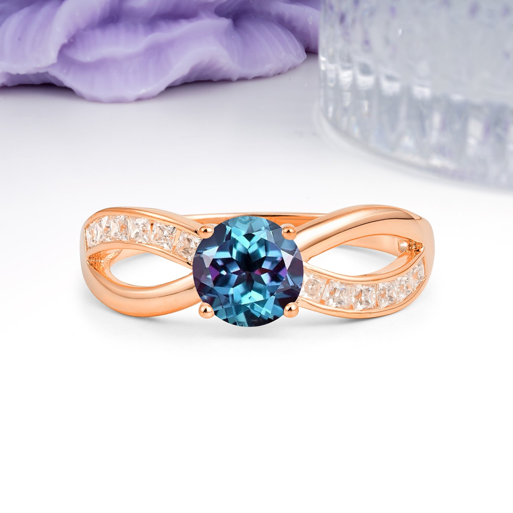 Elegant Continuous Princess Side Gem Infinity Loop Round Cut Alexandrite Engagement Ring - Additional view