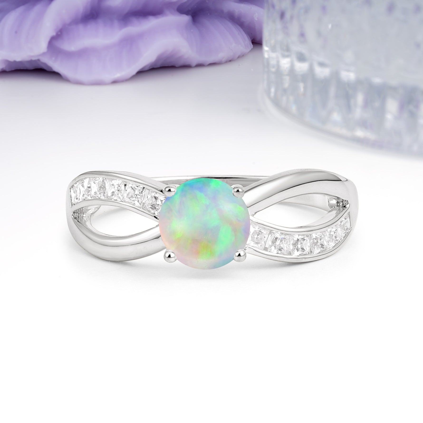 Elegant Continuous Princess Side Gem Infinity Loop Round Cut Fire Opal Engagement Ring - Additional view