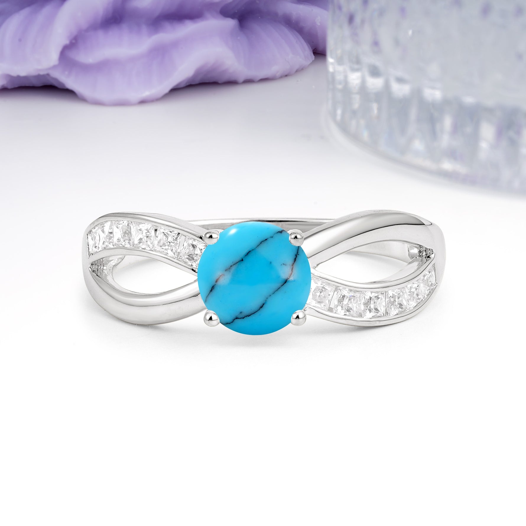 Elegant Continuous Princess Side Gem Infinity Loop Round Cut Turquoise Engagement Ring - Additional view