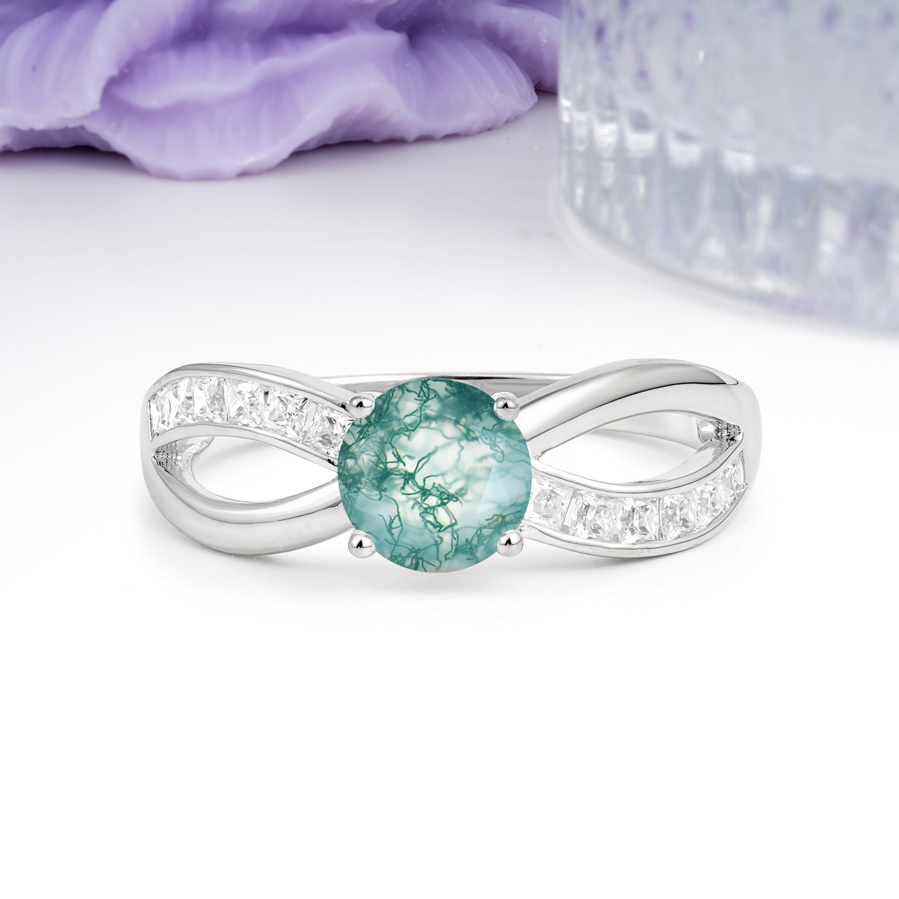 Elegant Continuous Princess Side Gem Infinity Loop Round Cut Moss Agate Engagement Ring - Additional view