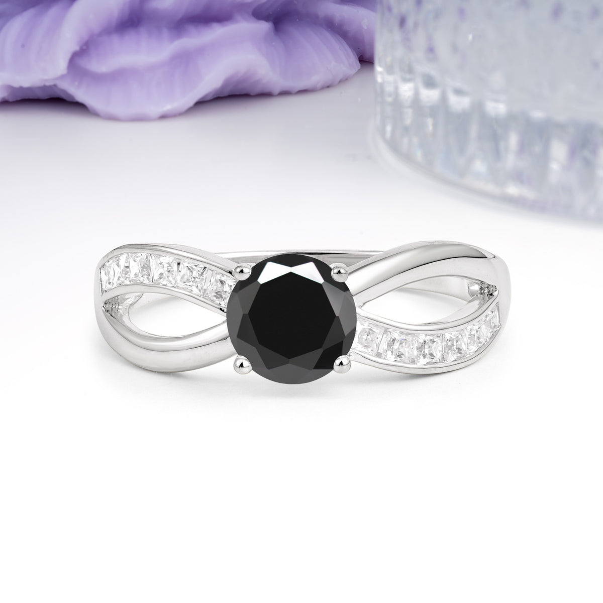 Elegant Continuous Princess Side Gem Infinity Loop Round Cut Black Onyx Engagement Ring - Additional view