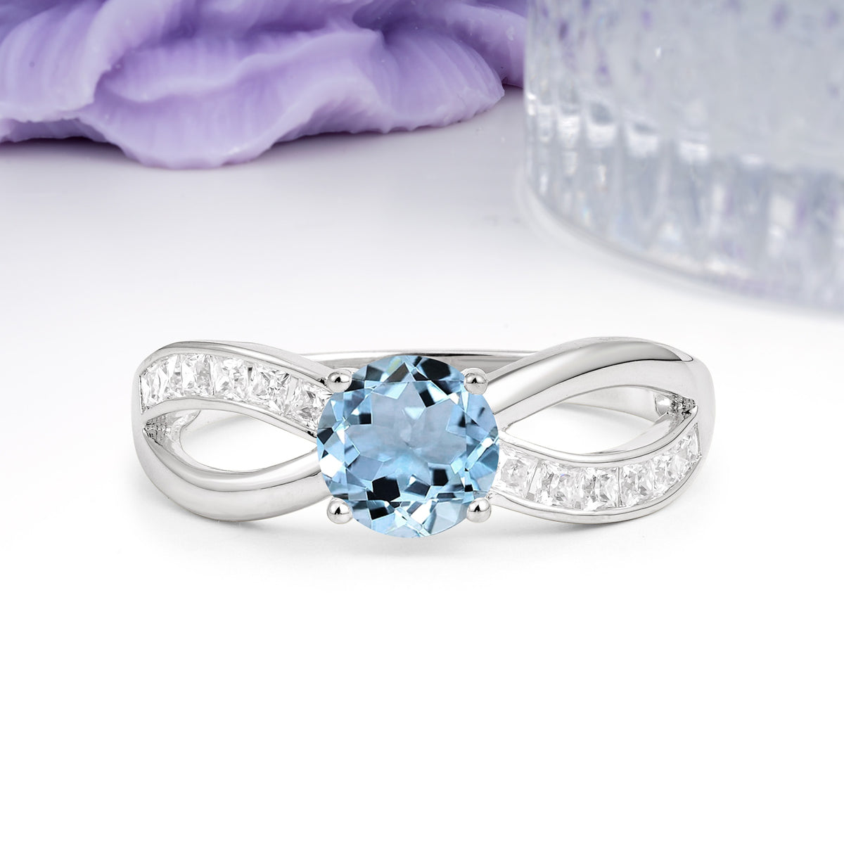 Elegant Continuous Princess Side Gem Infinity Loop Round Cut Aquamarine Engagement Ring - Additional view