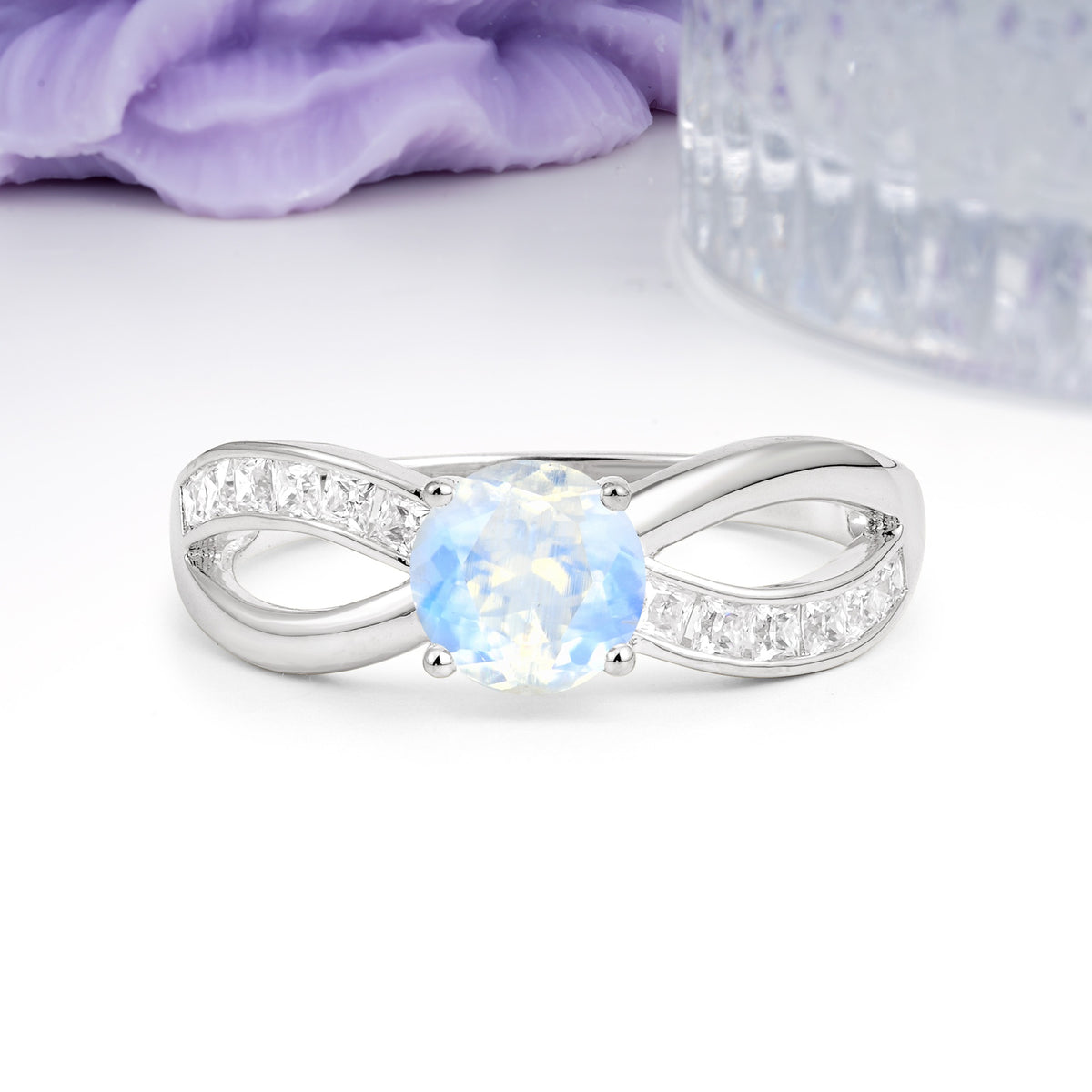 Elegant Continuous Princess Side Gem Infinity Loop Round Cut Moonstone Engagement Ring - Additional view