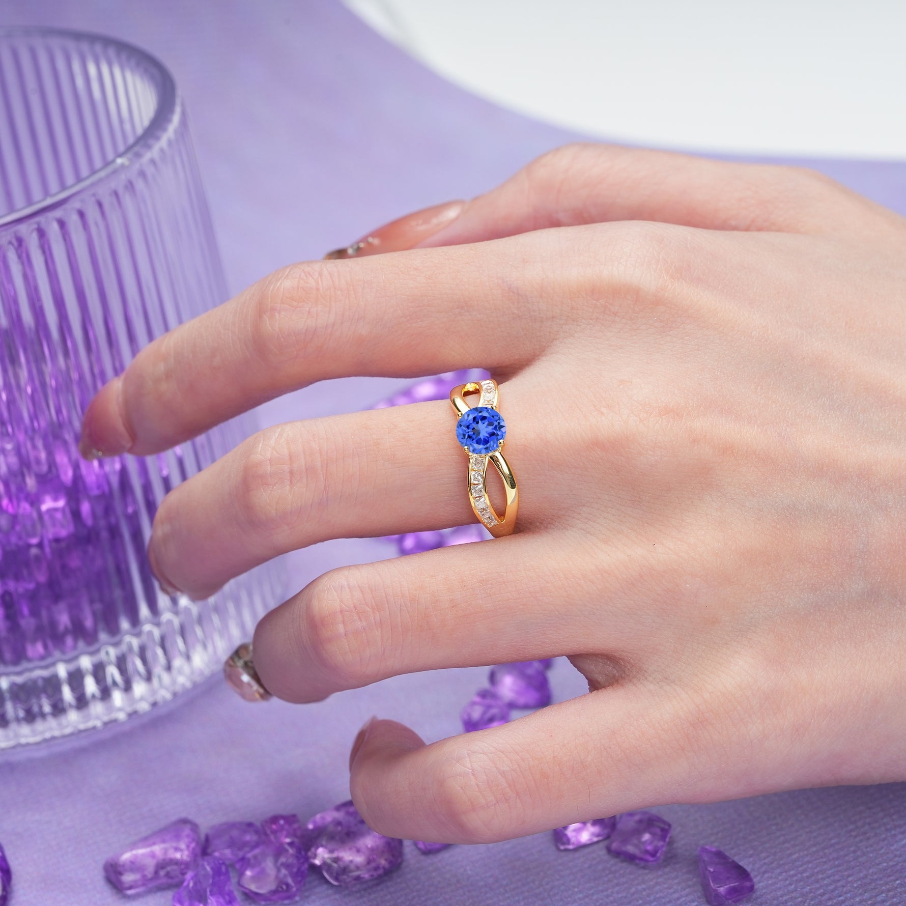 Elegant Continuous Princess Side Gem Infinity Loop Round Cut Sapphire Engagement Ring - Additional view