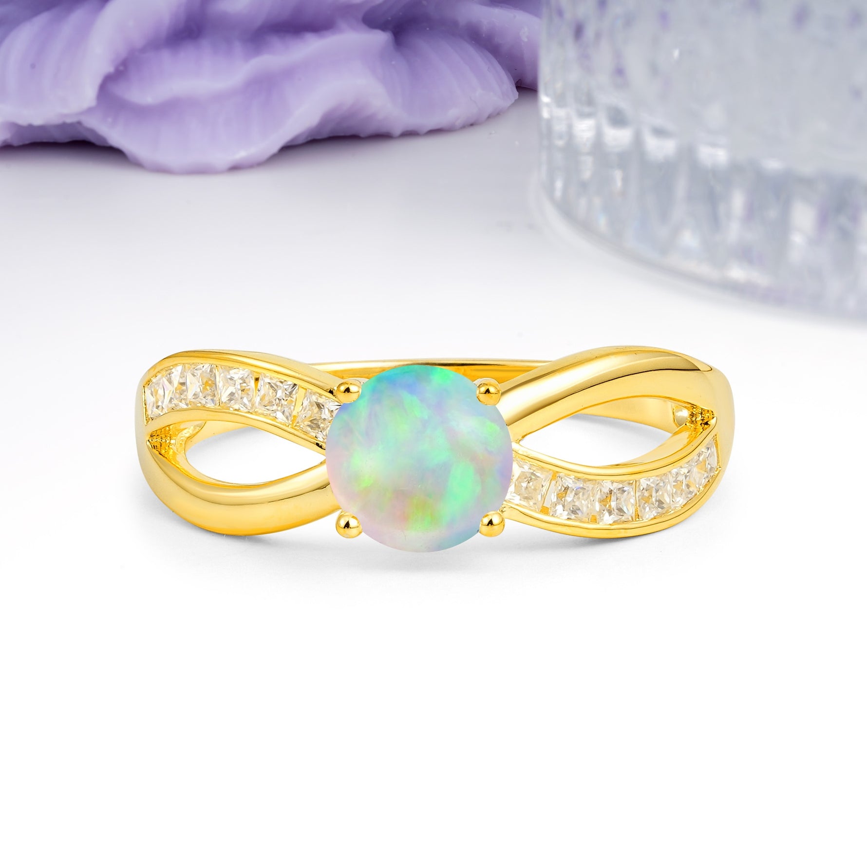 Elegant Continuous Princess Side Gem Infinity Loop Round Cut Fire Opal Engagement Ring - Additional view