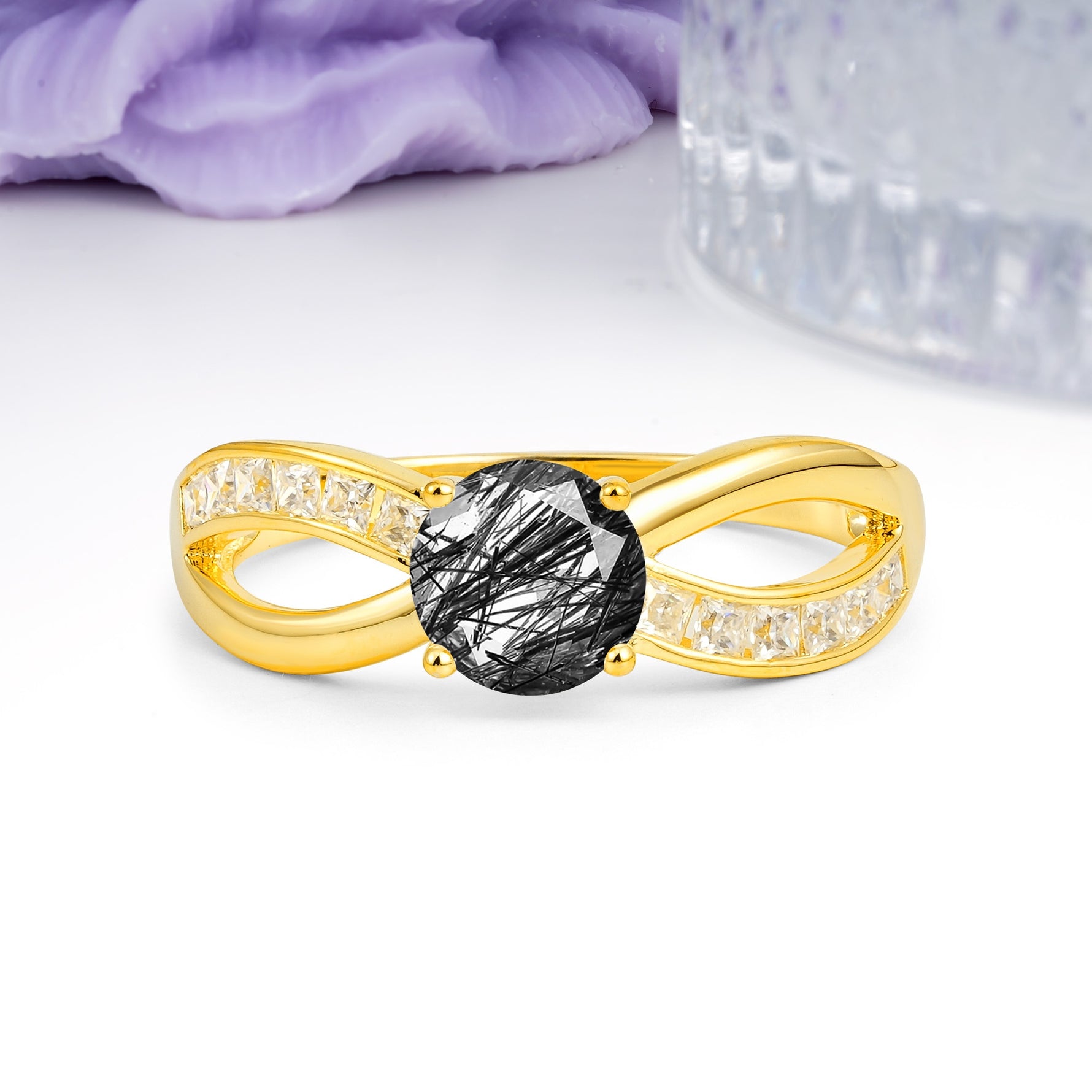Elegant Continuous Princess Side Gem Infinity Loop Round Cut Black Rutilated Quartz Engagement Ring - Additional view