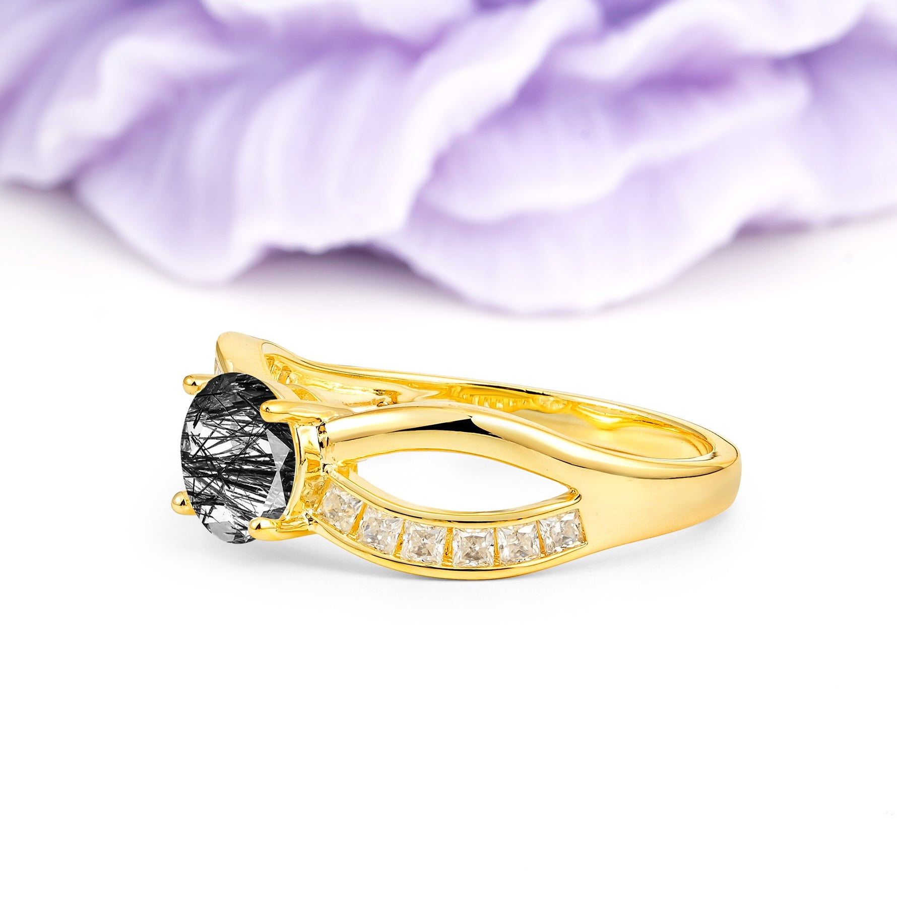 Elegant Continuous Princess Side Gem Infinity Loop Round Cut Black Rutilated Quartz Engagement Ring - Additional view