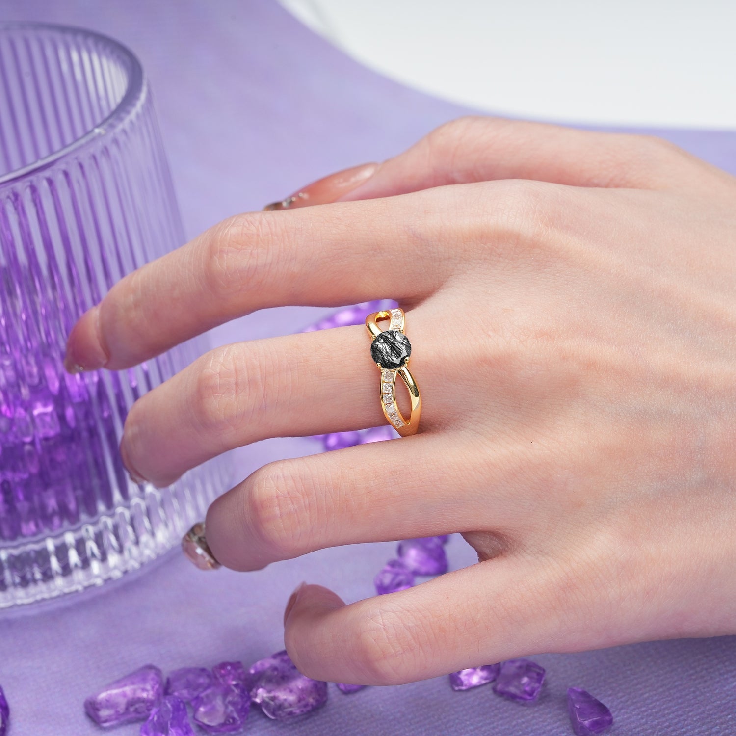 Elegant Continuous Princess Side Gem Infinity Loop Round Cut Black Rutilated Quartz Engagement Ring - Additional view