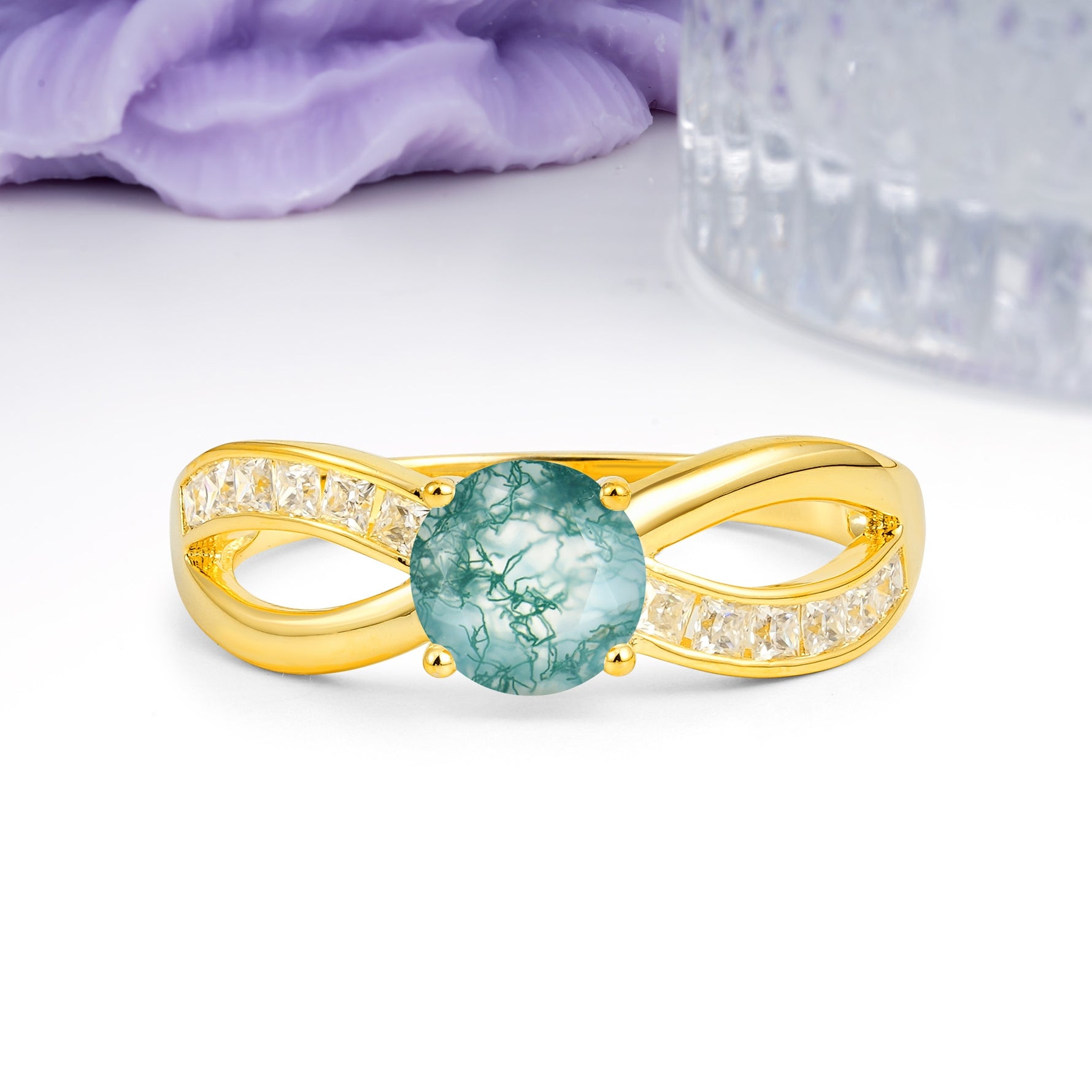 Elegant Continuous Princess Side Gem Infinity Loop Round Cut Moss Agate Engagement Ring - Additional view