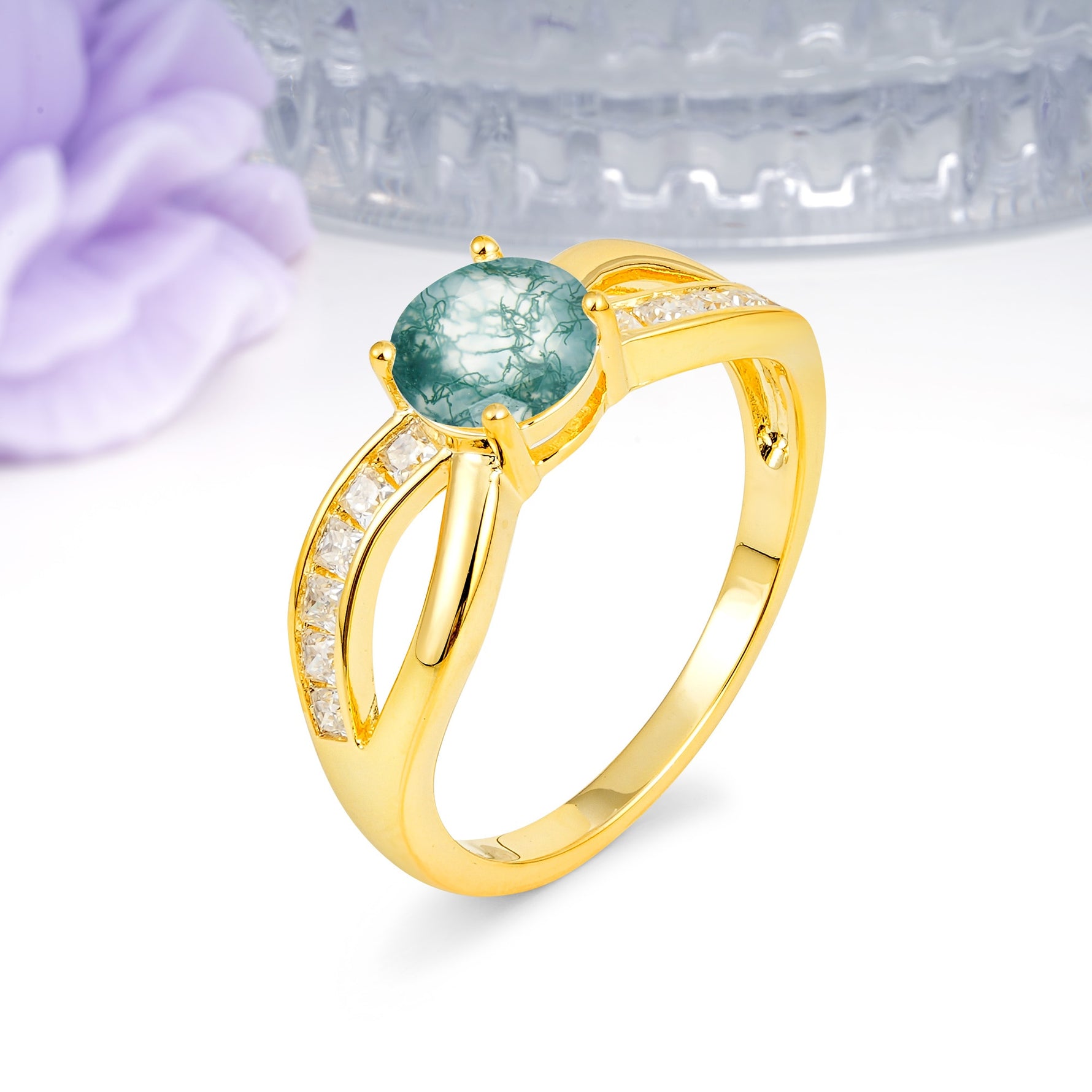 Elegant Continuous Princess Side Gem Infinity Loop Round Cut Moss Agate Engagement Ring - Additional view
