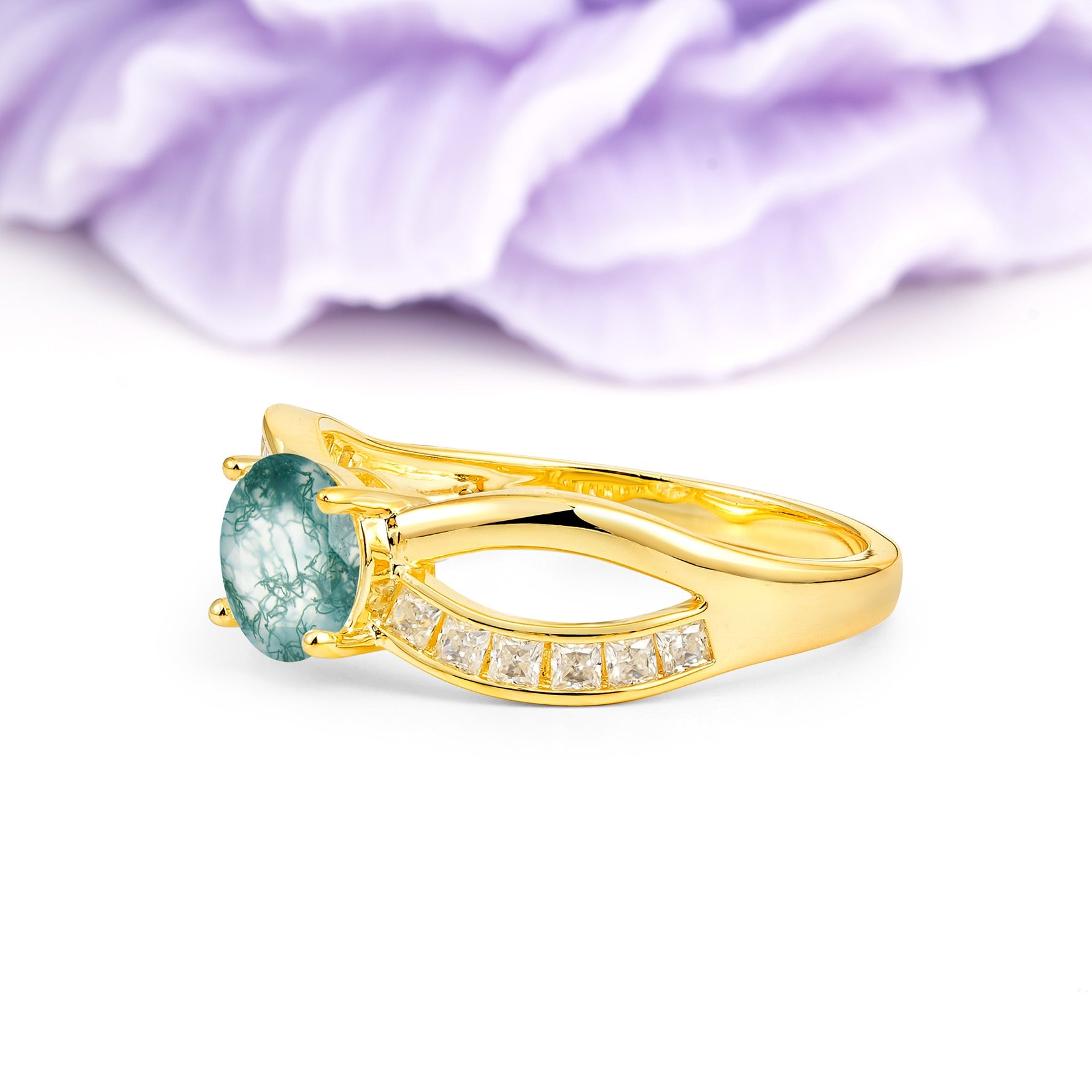 Elegant Continuous Princess Side Gem Infinity Loop Round Cut Moss Agate Engagement Ring - Additional view