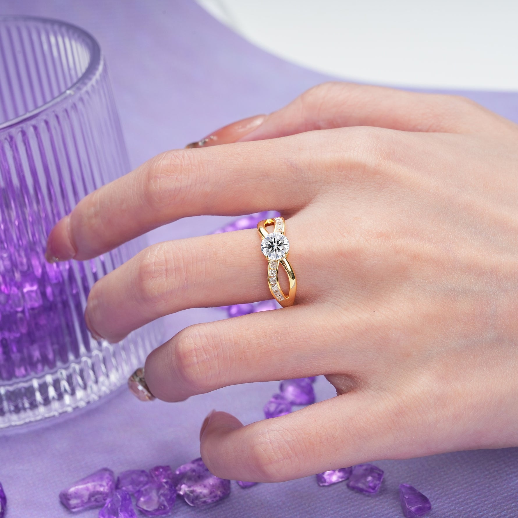 Elegant Continuous Princess Side Gem Infinity Loop Round Cut Lab Diamond Engagement Ring - Additional view