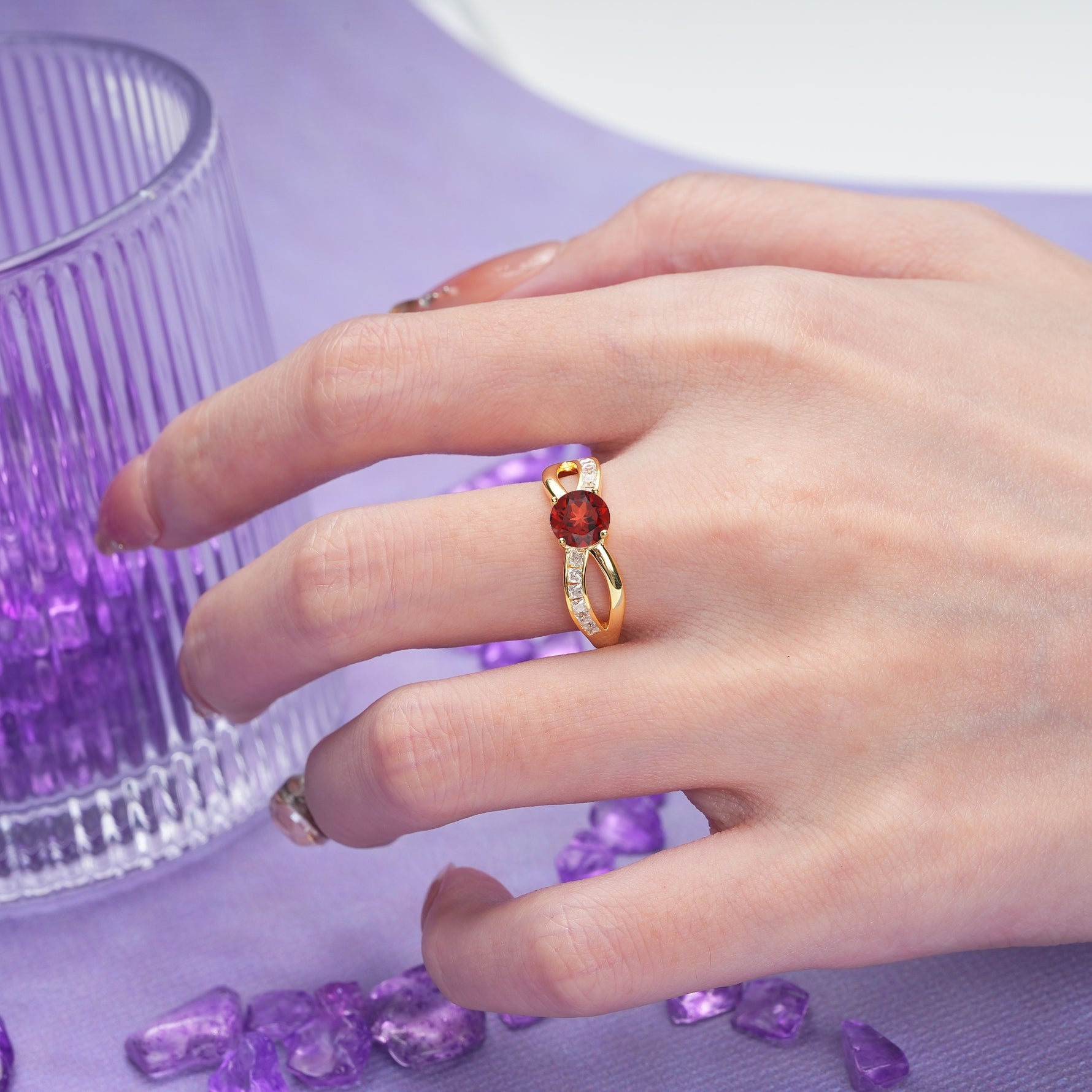 Elegant Continuous Princess Side Gem Infinity Loop Round Cut Garnet Engagement Ring - Additional view