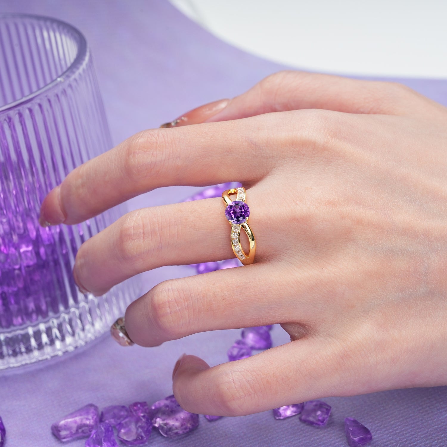 Elegant Continuous Princess Side Gem Infinity Loop Round Cut Amethyst Engagement Ring - Additional view