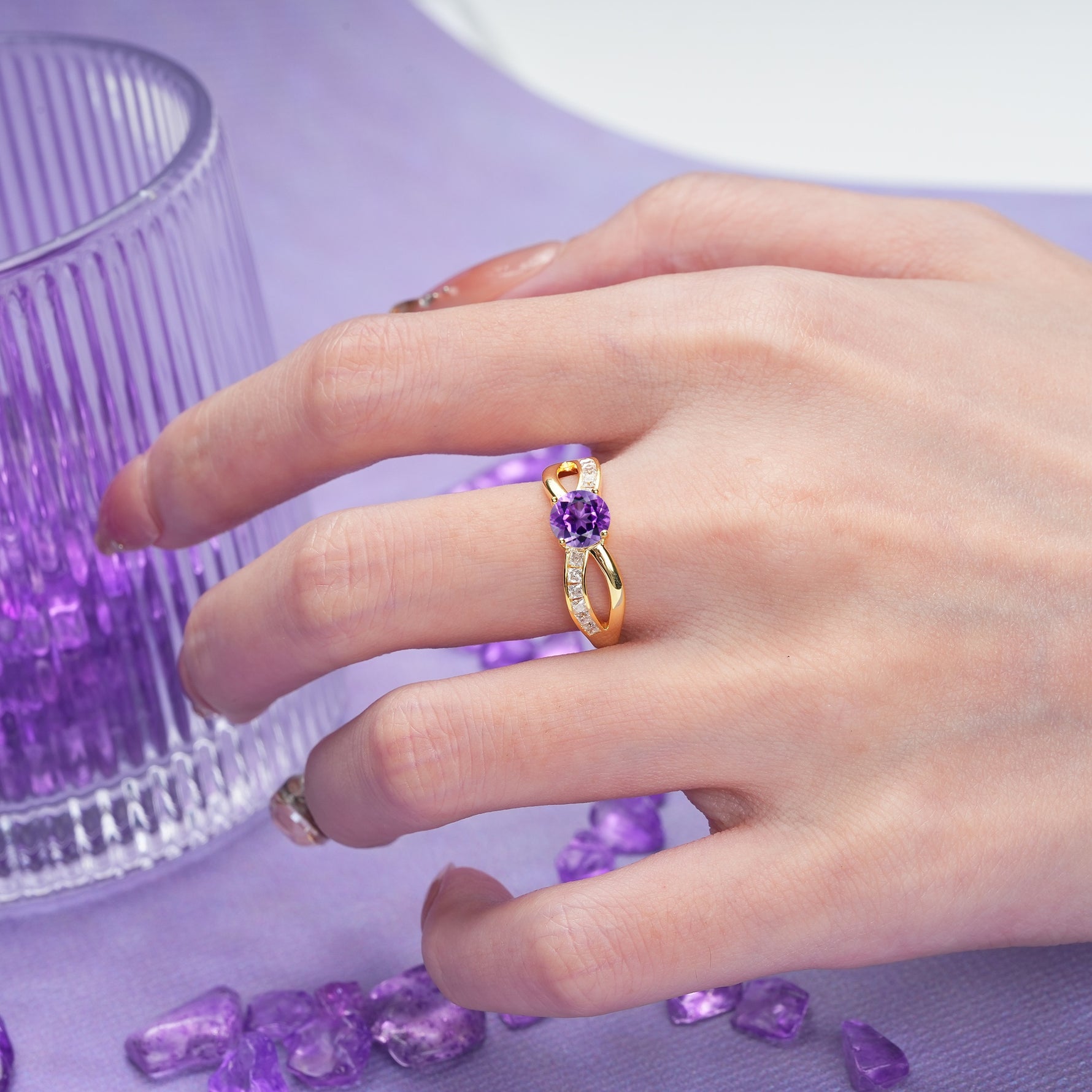 Elegant Continuous Princess Side Gem Infinity Loop Round Cut Amethyst Engagement Ring - Additional view
