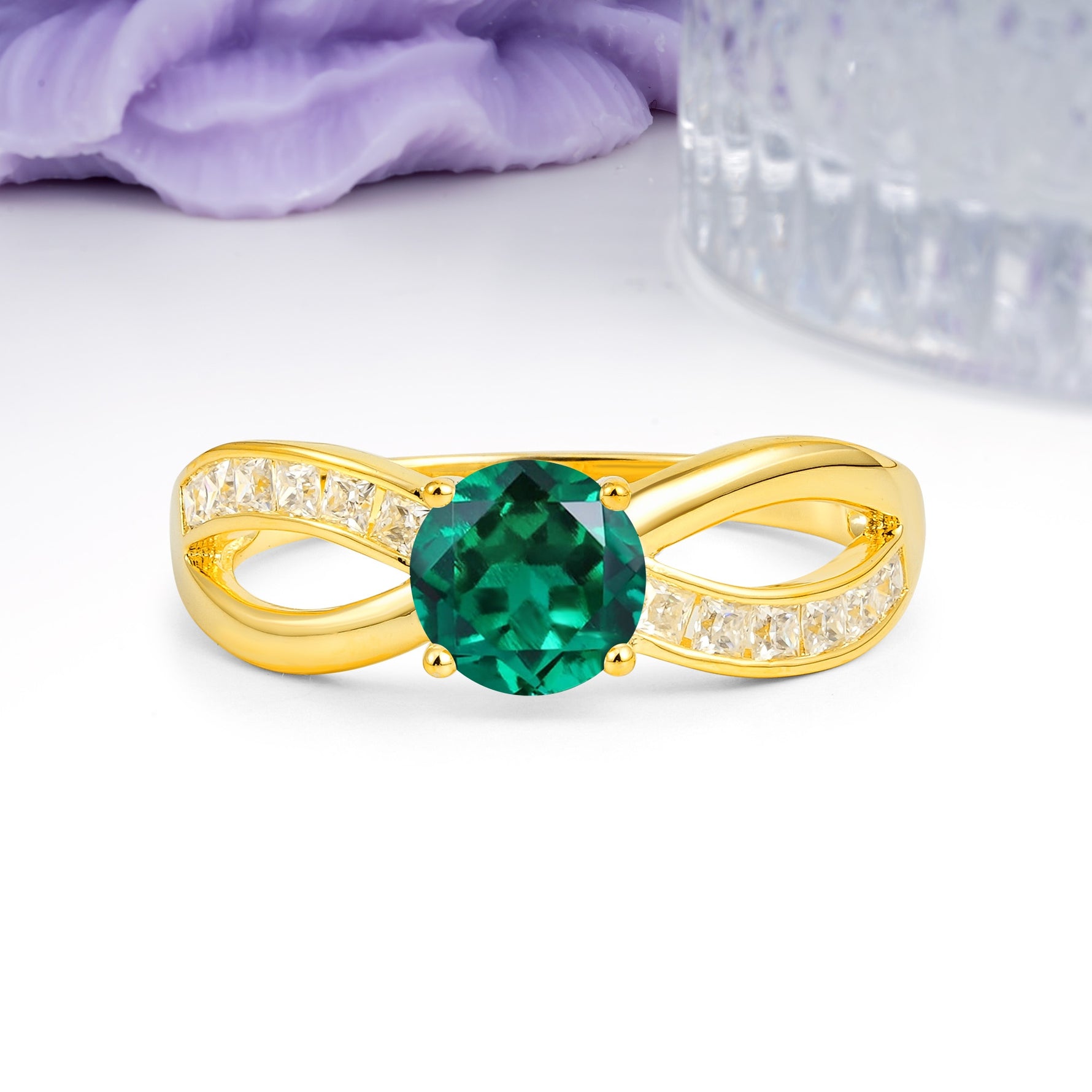Elegant Continuous Princess Side Gem Infinity Loop Round Cut Emerald Engagement Ring - Additional view
