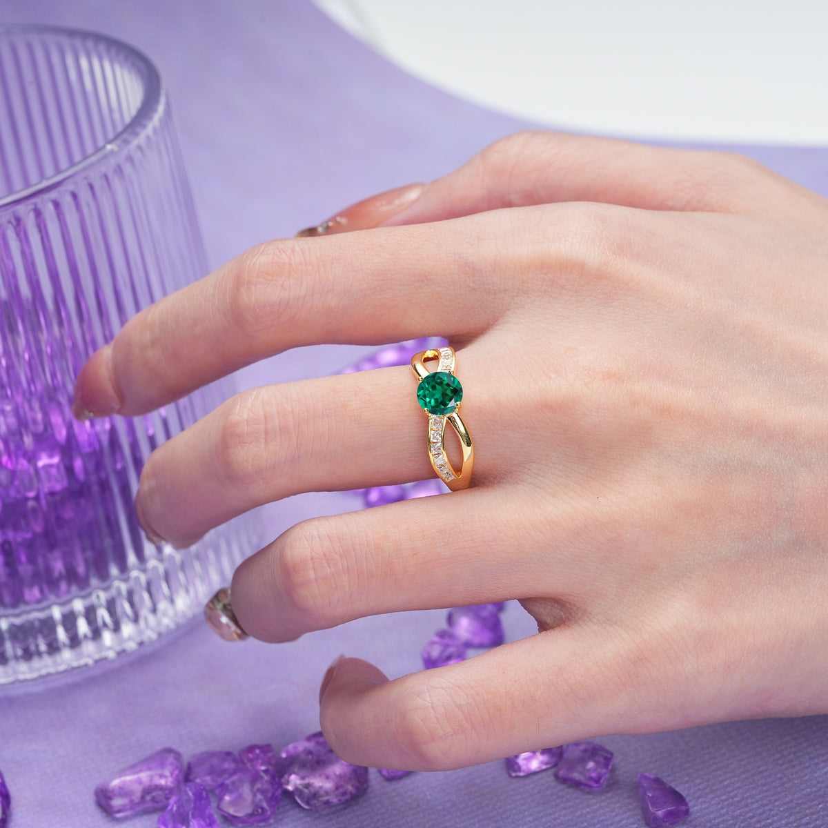 Elegant Continuous Princess Side Gem Infinity Loop Round Cut Emerald Engagement Ring - Additional view