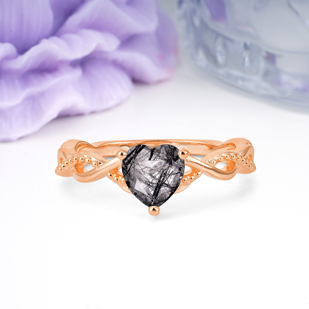 Classic Twisted 3-Prong Heart-Cut Black Rutilated Quartz Engagement Ring - Additional view
